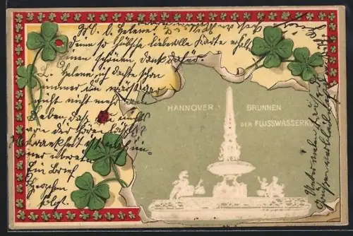 Lithographie Hannover, Brunnen der Flusswasserkunst, Kleeblätter, Passepartout