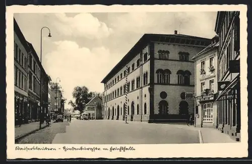 AK Kaiserslautern, Hindenburgstrasse mit Hotel-Restaurant Adler und Fruchthalle