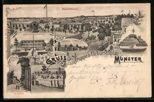 Lithographie Munster, Truppen-Übungsplatz, Offiziers-Casino, Cantine u. Küche, Offiziersbaracken im Hanloh