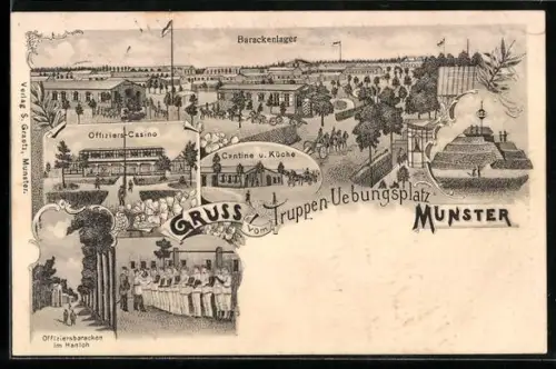 Lithographie Munster, Truppenübungsplatz, Offizierscasino, Kantine u. Küche, Barackenlager