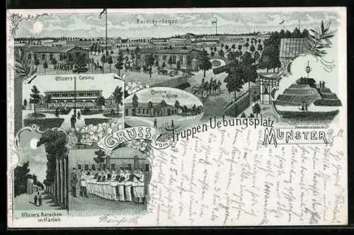 Lithographie Munster, Truppenübungsplatz, Offizierscasino, Kantine u. Küche, Barackenlager