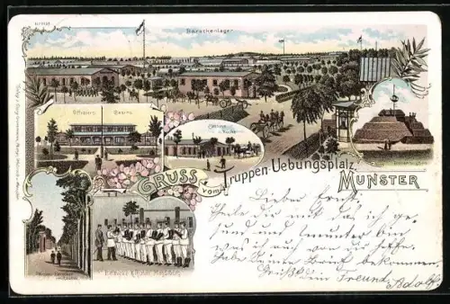 Lithographie Munster, Truppen-Uebungsplatz, Barackenlager, Offiziers-Casino, Cantine und Küche