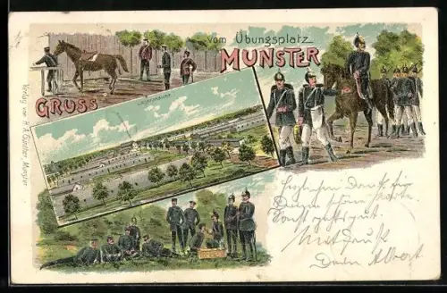 Lithographie Munster, Übungsplatz, Lageransicht, Gruppenbild