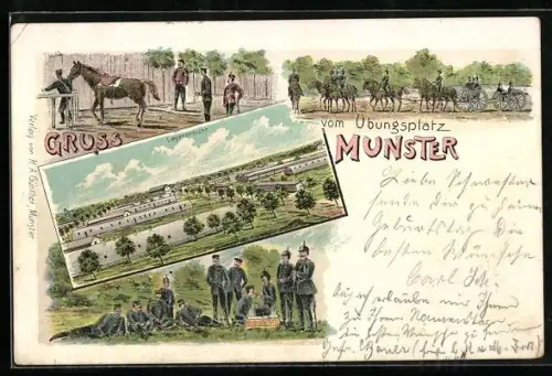 Lithographie Munster, Übungsplatz, Lageransicht, Soldaten mit Pferdegespann