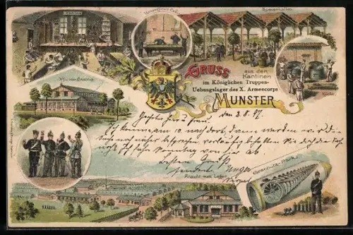 Lithographie Munster, Königliches Truppen-Übungslager, Inneres Kantinen, Unterofficier-Casino und Küche