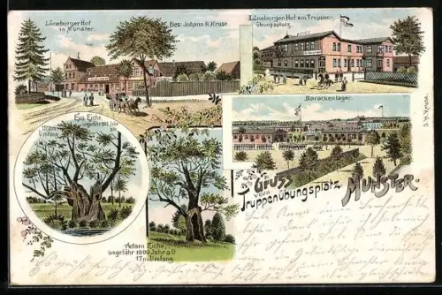 Lithographie Munster, Truppenübungsplatz, Gasthaus Lüneburger Hof, Barackenlager, Adam Eiche ungefärh 1000 Jahre alt