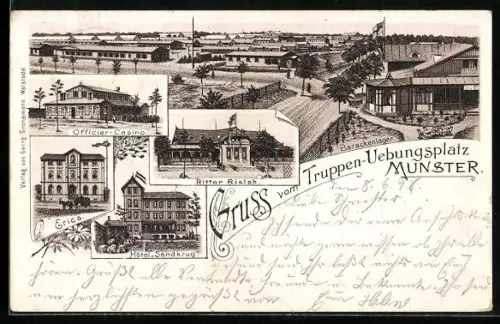 Lithographie Munster, Hotel Sandkrug, Panorama vom Barackenlager, Villa Erica, Offizier-Casino