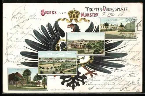 Lithographie Munsterlager, Lagestrasse im Truppen-Übungsplatz, Denkmal, Reichsadler