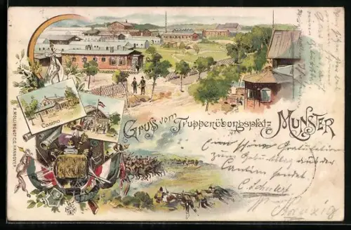 Lithographie Munster, Truppenübungsplatz, Baracken, Casino, Schlachtfeld-Szene
