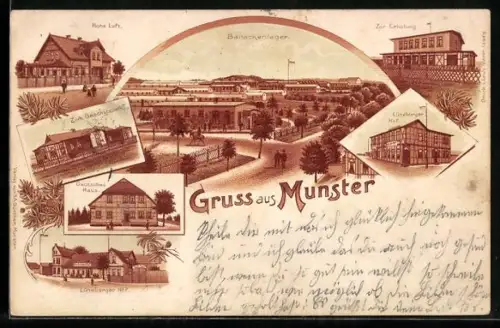 Lithographie Munster, Barackenlager, Deutsches Haus, Lüneburger Hof, Zum Geschützpark