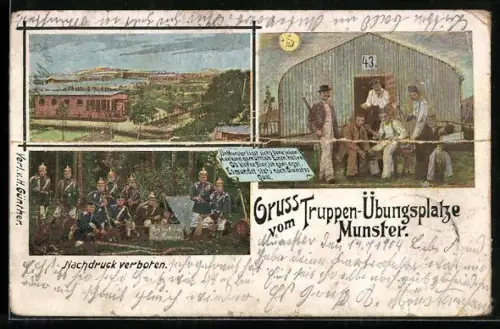 Lithographie Munster, Truppen-Übungsplatz, Soldaten bei Mondschein