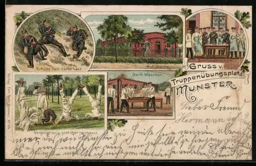 Lithographie Munster, Truppenübungsplatz, Soldaten beim Waschen, auf Wache und beim Gewehrreinigen