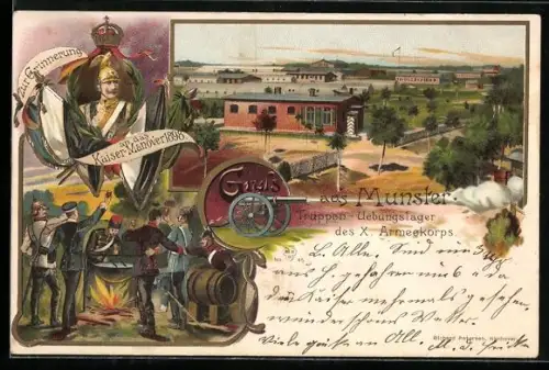 Lithographie Munster, Truppenübungsplatz des X. Armeekorps, Kaiser Manöver 1898