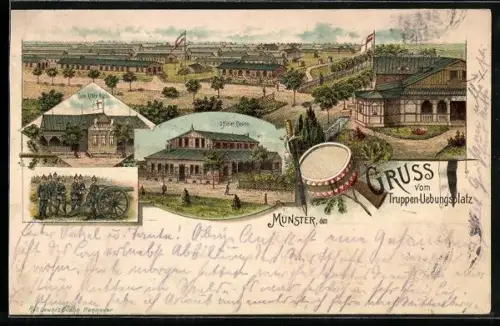 Lithographie Munster, Truppen-Übungsplatz, Gasthaus Zum Ritter Rislo, Officier-Casino