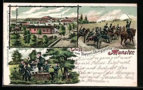 Künstler-AK Munster, Truppen-Übungsplatz, Schiess-Übung, Picknick