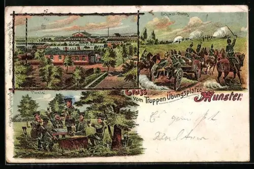 Lithographie Munster, Schiess-Übung, Picknick und Gesamtansicht des Truppenübungslagers