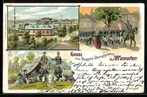 Lithographie Munster, Truppen-Übungsplatz, Soldaten an der Kochstelle