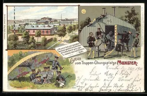 Lithographie Munster, Truppen-Übungsplatz, Heimkehr bei Mondschein, Soldaten trinken Bier