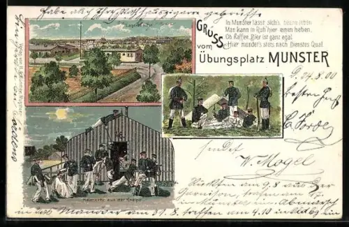 Lithographie Munster, Übungsplatz, Lageransicht, Soldaten bei der Heimkehr aus der Kneipe bei Mondschein