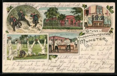 Lithographie Munster, Truppenübungsplatz, Soldaten beim Waschen, auf Wache und beim Gewehrreinigen