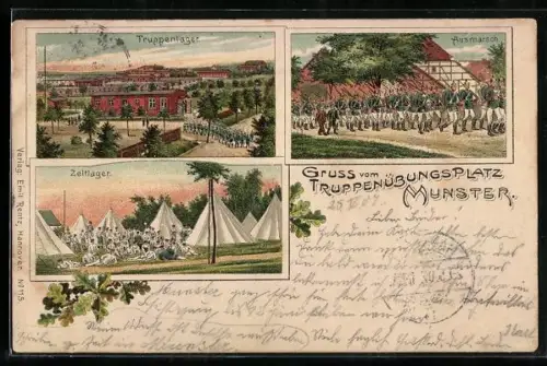 Lithographie Munster, Truppenübungsplatz, Truppenlager, Zeltlager, Ausmarsch