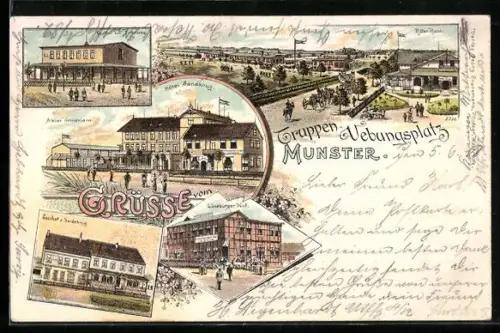 Lithographie Munster, Gasthof zur Erholung, Hotel Sandkrug, Atelier Gronemann, Lüneburger Hof