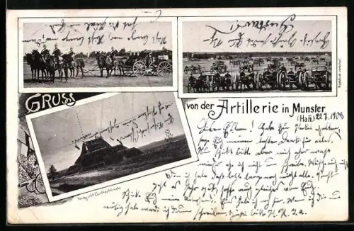 AK Munster /Hann., Soldaten der Artillerie mit Kanonen, Ortspartie
