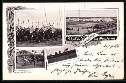 AK Munster /Hann., Lageransicht, Soldaten der Kavallerie zu Pferde