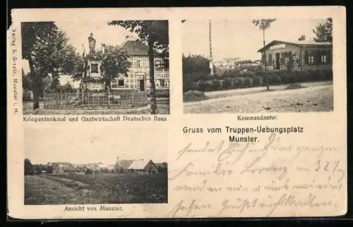 AK Munster, Truppen-Übungsplatz, Kriegerdenkmal und Gastwirtschaft Deutsches Haus, Kommandantur, Ortspartie