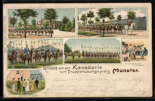 Lithographie Munster, Kavallerie am Truppenübungsplatz, Feldschied, Besuch im Lager