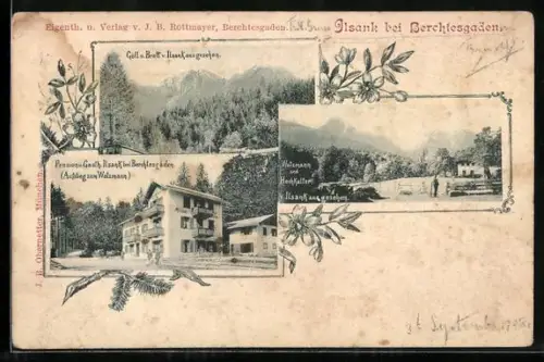 AK Ilsank bei Berchtesgaden, Pension und Gasthaus Ilsank mit Aufstieg zum Watzmann, Göll und Brett, Hochkalter