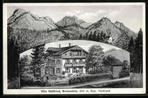 Künstler-AK Birkenstein /Bayr. Hochland, Hotel Villa Göttfried, Panorama