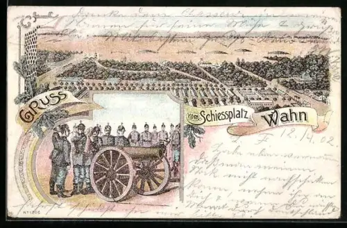 Lithographie Köln-Wahn, Schiessplatz, Soldaten mit Kanone