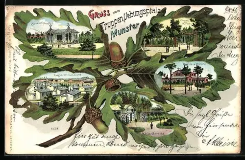 Passepartout-Lithographie Munster, Truppen-Übungsplatz, Lazarettbaracken, Borkenhäuschen & Kaiser-Baracke im Eichenblatt