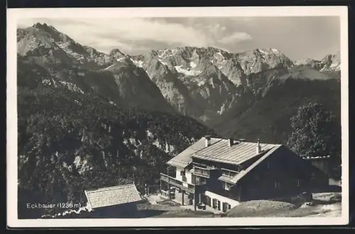 AK Garmisch, Gasthaus Eckbauer gegen die Zugspitze