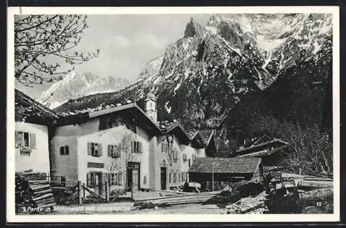 AK Mittenwald, Ortspartie mit Blick auf Viererspitze