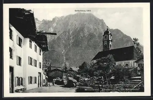 AK Mittenwald, Strassenpartie mit Karwendel und Gerberkreuz