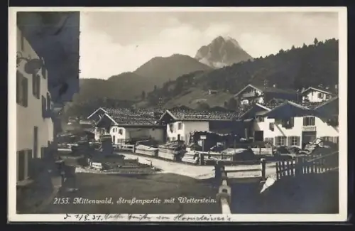 AK Mittenwald, Strassenpartie mit Wetterstein