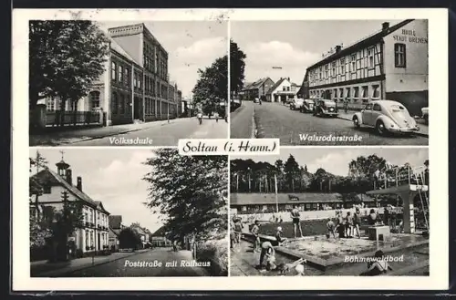 AK Soltau i. Hann., Walsroderstrasse mit Hotel Stadt Bremen, Böhmewaldbad, Volksschule