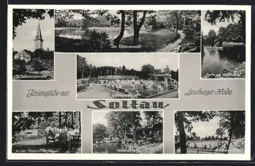 AK Soltau, Böhmewaldbad, St. Johanniskirche, Waldmühle
