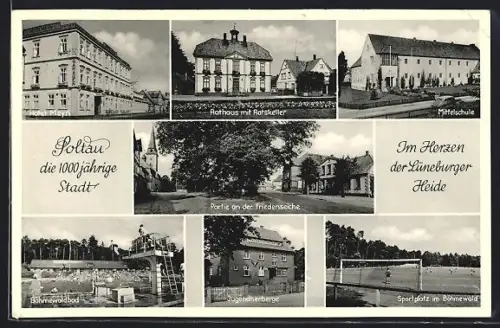 AK Soltau /Lüneburger Heide, Hotel Meyn, Rathaus mit Gasthaus Ratskeller, Jugendherberge