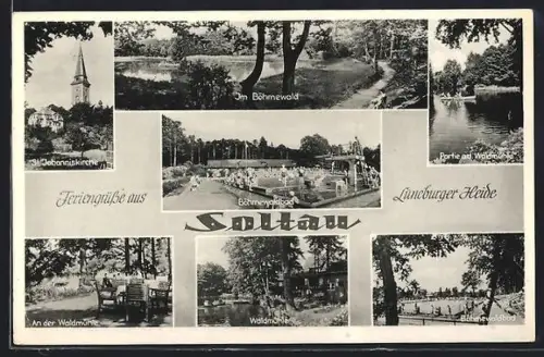 AK Soltau, Böhmewaldbad, St. Johanniskirche, Waldmühle