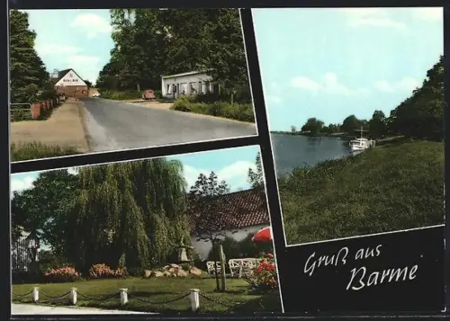 AK Barme /Verden, Uferpartie am Fluss, Strassenpartie, Gartenansicht