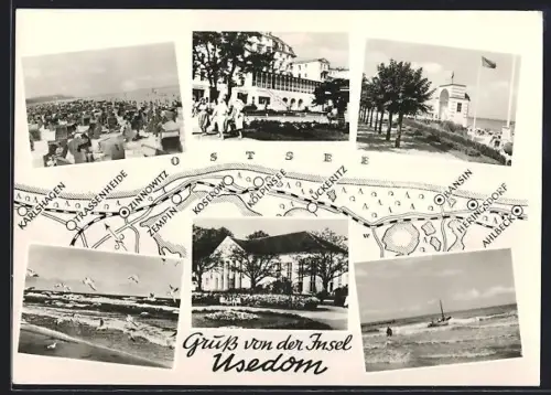 AK Bansin /Insel Usedom, Strand, Promenade, Landkarte mit Koserow, Zempin und Lückeritz