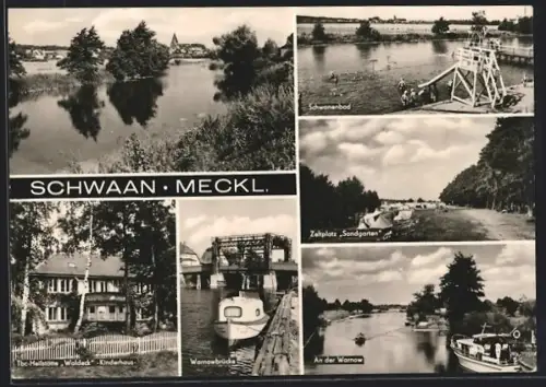 AK Schwaan /Meckl., Tbc-Heilstätte Waldeck Kinderhaus, Zeltplatz Sandgarten, Schwanenbad