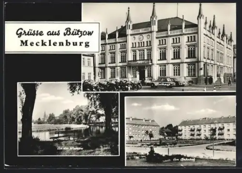AK Bützow /Mecklenburg, Rathaus, Warnowpartie, Bahnhof