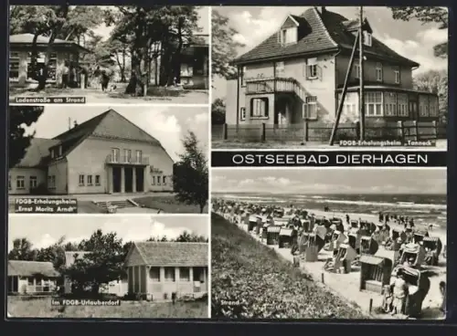 AK Dierhagen, FDGB-Erholungsheim Tanneck und Ernst Moritz Arndt, Urlauberdorf, Strand und Ladenstrasse