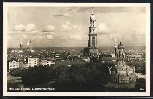 AK Hamburg-St.Pauli, Türme und Bismarckdenkmal