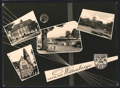 AK Wittenberge, Rathaus, Uferpartie, Turm