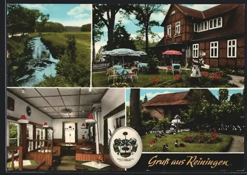 AK Reiningen, Gasthaus Pension v. H. Herholz, Aussen- u. Innenansicht, Flusspartie, Wappen